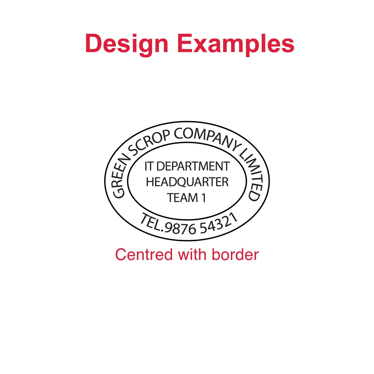 Examples of customizable impressions with the DFOV54 Pre-Inked Stamp - address, logo, and personalized designs