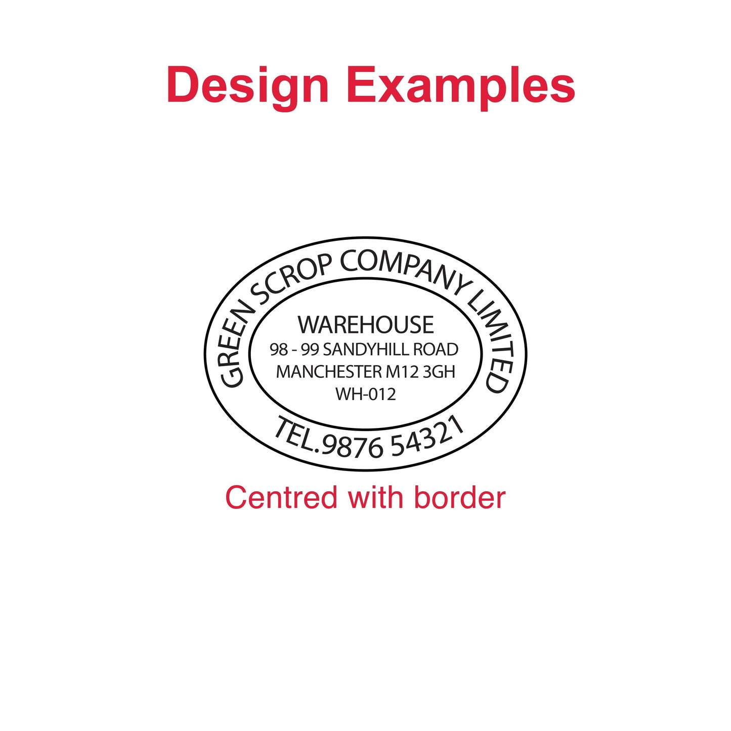 Examples of customizable impressions with the DFOV65 Pre-Inked Stamp - address, logo, and personalized designs