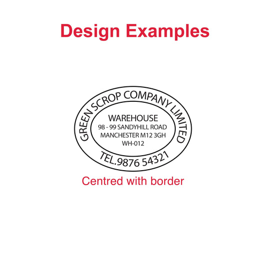 Examples of customizable impressions with the DFOV65 Pre-Inked Stamp - address, logo, and personalized designs
