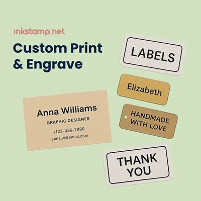 Custom printed and engraved products including labels, name plates, and tags