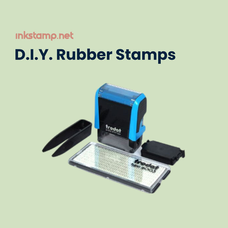 Blue Trodat self-inking D.I.Y. rubber stamp kit from inkstamp.net's Do-It-Yourself Rubber Stamps Collection, complete with interchangeable letters and ink pad for custom stamp creation.
