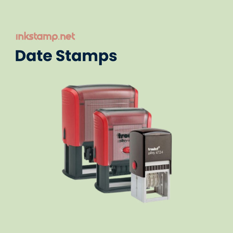 Assortment of date stamps in various sizes from inkstamp.net's Date Stamps Collection, featuring red and black self-inking stamps for efficient date marking.