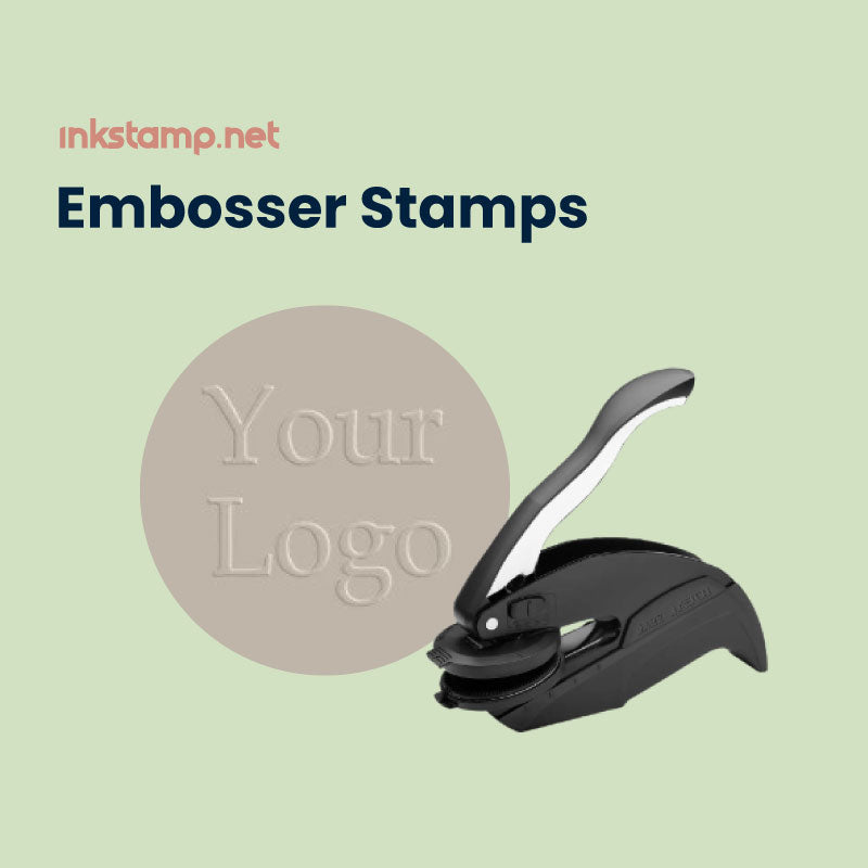 Customizable embosser stamp with 'Your Logo' sample imprint from inkstamp.net's Embosser Stamps Collection, featuring a sleek black ergonomic design for professional document embossing.