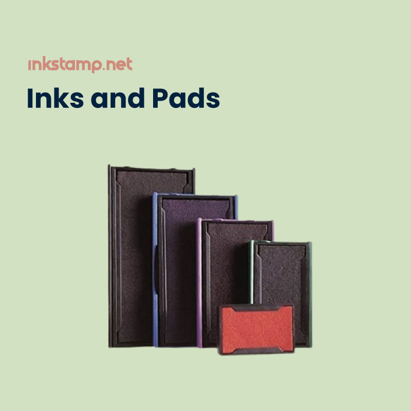 A selection of ink pads in various sizes and colors available at inkstamp.net's Inks and Pads section, ideal for re-inking custom rubber stamps.