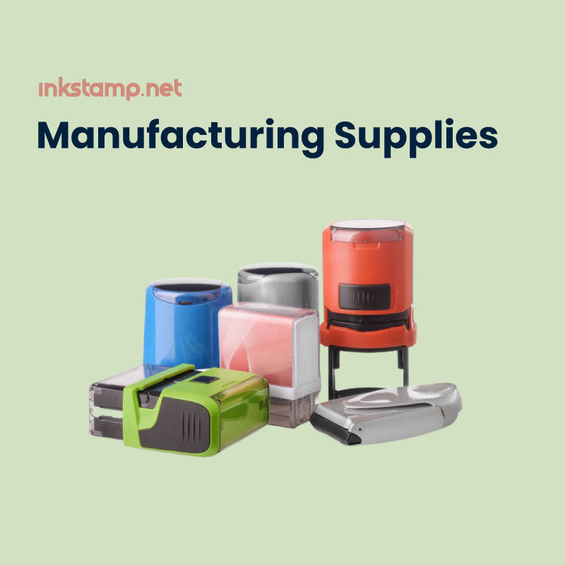 Assorted stamping tools from inkstamp.net's Manufacturing Supplies collection, featuring various models of self-inking stamps in multiple colors, essential for efficient stamp production.