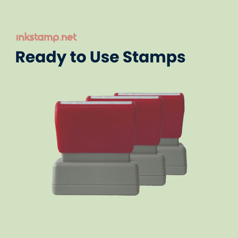 A lineup of red self-inking stamps with gray bases from inkstamp.net's Ready to Use Stamps collection, designed for immediate application with no additional setup required.