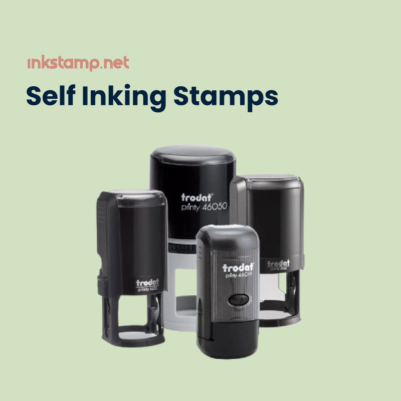 Assortment of Trodat black self-inking stamps in various models and sizes, part of inkstamp.net's Self-Inking Stamps collection, designed for ease of use and consistent stamping quality.