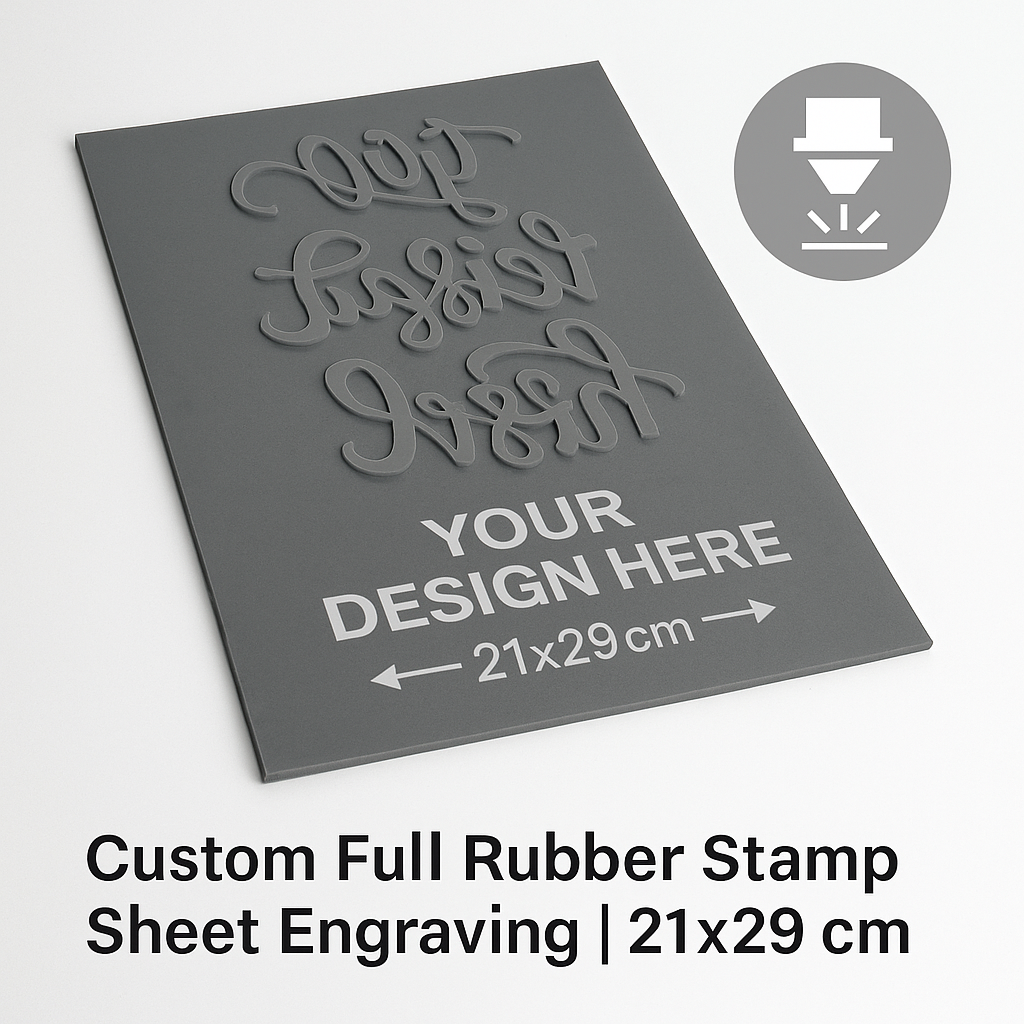 Custom Full Rubber Stamp Sheet – Laser-engraved rubber die with your design. Size 21x29 cm. Ideal for large or multiple small stamps. Ships in 1–2 business days. Free international shipping over $30.
