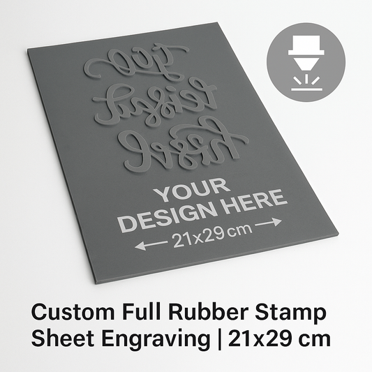 Custom Full Rubber Stamp Sheet – Laser-engraved rubber die with your design. Size 21x29 cm. Ideal for large or multiple small stamps. Ships in 1–2 business days. Free international shipping over $30.