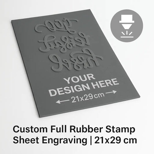 Custom Full Rubber Stamp Sheet – Laser-engraved rubber die with your design. Size 21x29 cm. Ideal for large or multiple small stamps. Ships in 1–2 business days. Free international shipping over $30.