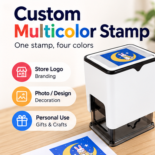 Custom 4-color layered stamp with personalized bunny design for business logos, crafts, and decorative stamping.