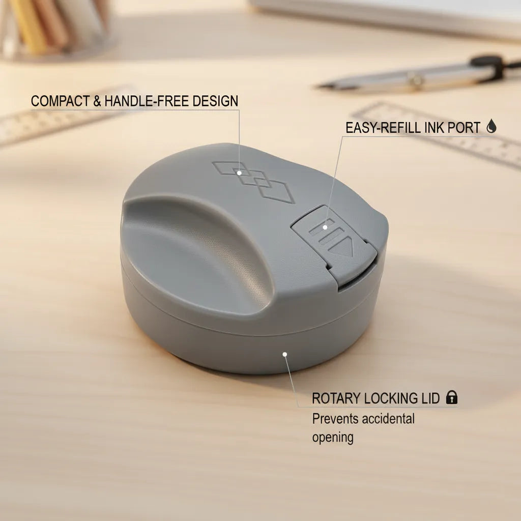 Diamark Pocket Pre-Inked Stamp showing compact design, easy-refill ink port, and rotary locking lid features