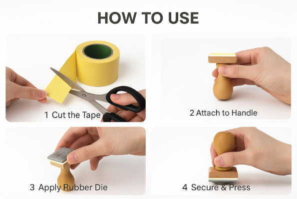 Step-by-step guide showing how to use EVA foam double-sided tape for stamp making: cut the tape, attach it to the wooden stamp handle, apply the rubber die, then secure and press.