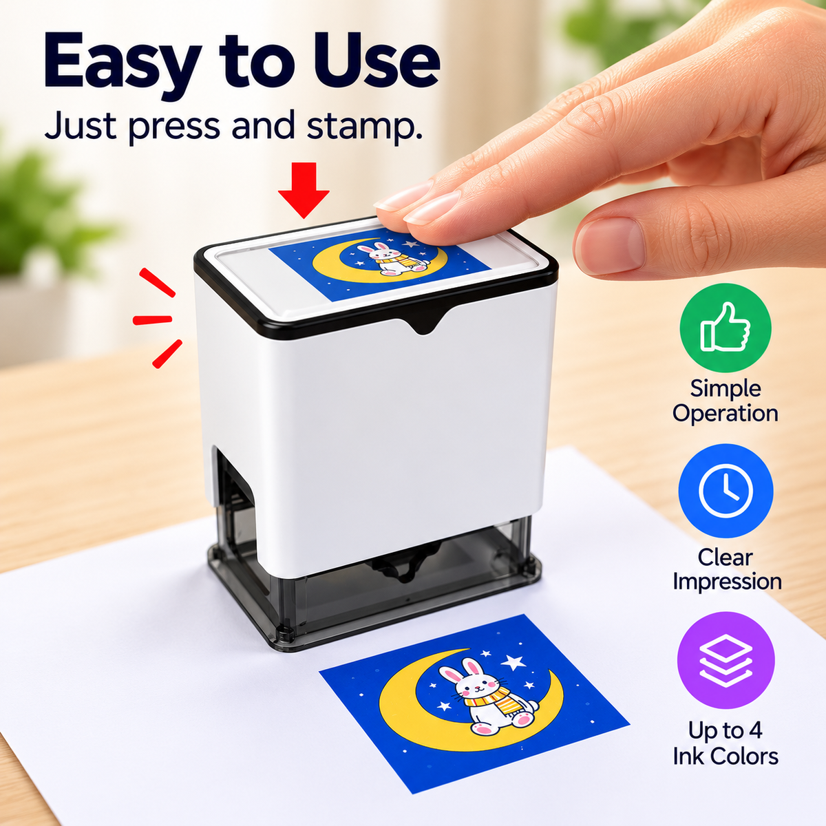 Easy-to-use custom 4-color layered stamp with a press-down mechanism for creating personalized multicolor impressions.