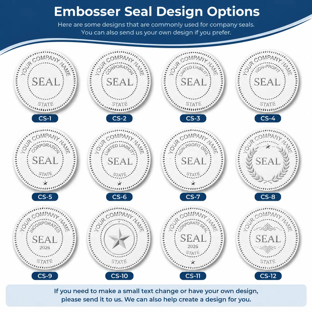 Company Embosser Seal Design Examples – 12 Customizable Corporate Seal Styles for Embossing Stamps, with Option to Submit Your Own Design