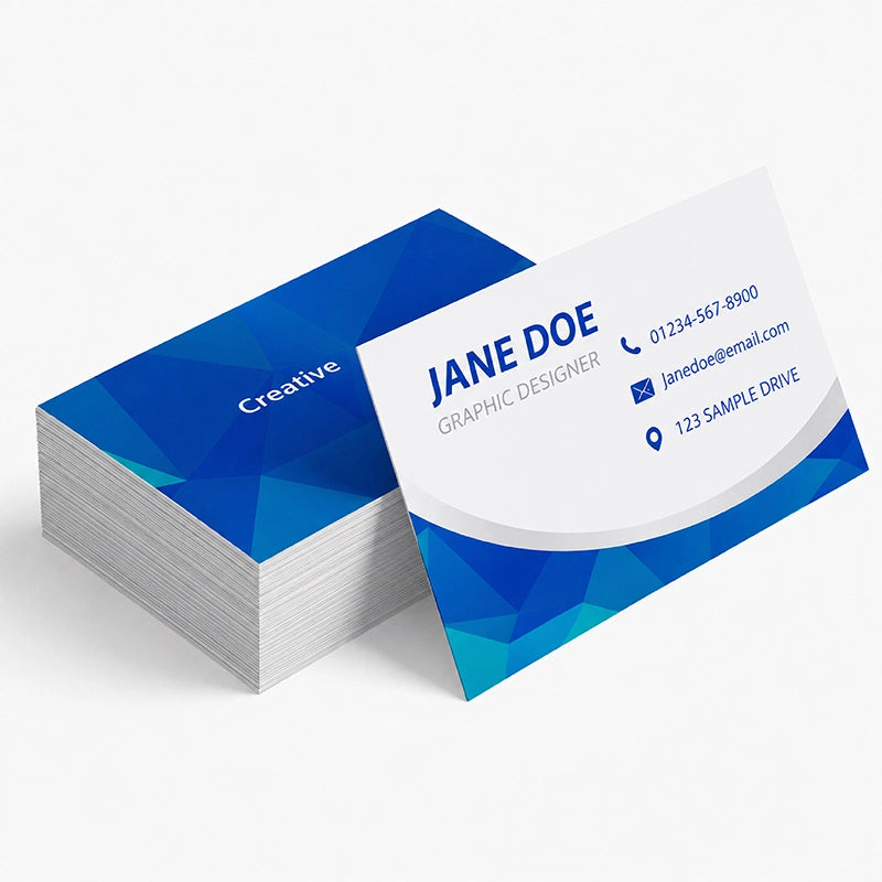 A stack of modern business cards with a blue geometric design, showing both the front and back designs on a clean white background.