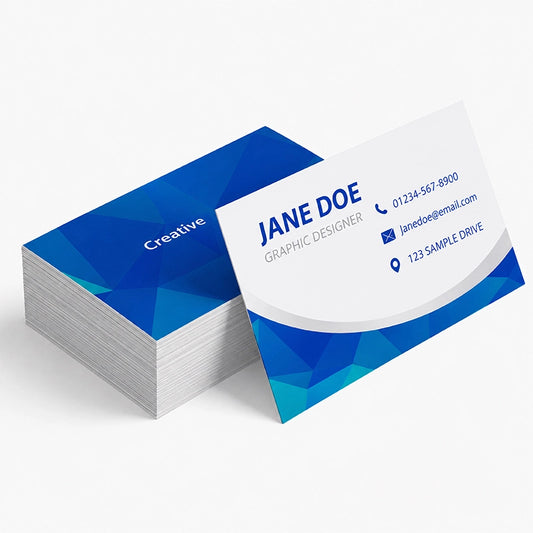 A stack of modern business cards with a blue geometric design, showing both the front and back designs on a clean white background.
