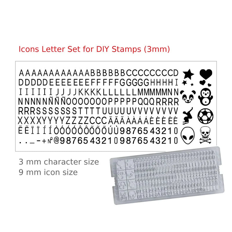DIY letter set with 3mm letters and numbers plus 9mm icons and symbols for custom rubber stamps and typo printing kits