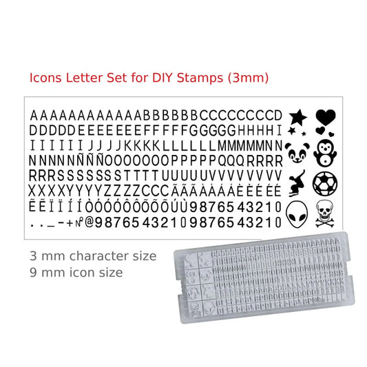 DIY letter set with 3mm letters and numbers plus 9mm icons and symbols for custom rubber stamps and typo printing kits