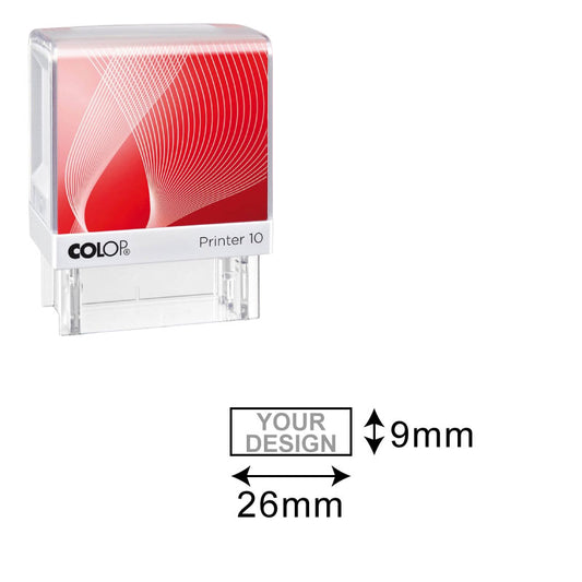 Colop Printer 10 self-inking stamp with transparent body and red label, size indicated as 9mm by 26mm with space for personalized design.