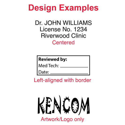 Design examples for Colop P20 self-inking stamp featuring centered professional medical text, left-aligned inspection stamp with border, and logo-only stamp design.