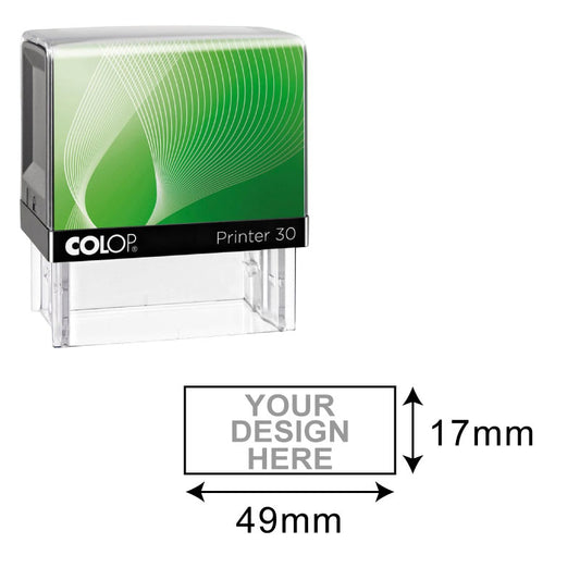 Colop Printer 30 self-inking stamp featuring a clear structure with a vibrant green wave pattern, size dimensions labeled for a custom area of 17mm by 49mm.