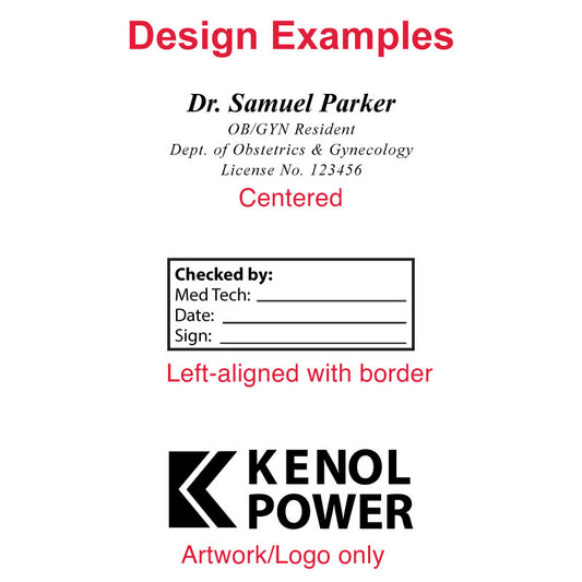 Design examples for the Colop P30 self-inking stamp, including a centered medical text layout, a left-aligned checklist box with border, and a logo-only stamp design.
