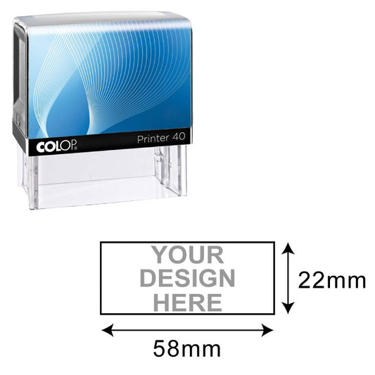Colop Printer 40 self-inking stamp with transparent structure and a blue gradient wave design, customizable area specified as 22mm by 58mm for personal design placement.