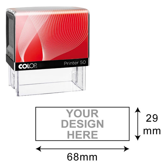 Colop Printer 50 self-inking stamp with a clear structure featuring a red gradient wave design, with dimensions marked for a custom design space of 29mm by 68mm.