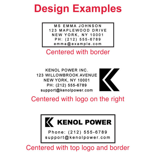 Colop P50 custom self-inking stamp design examples with U.S. style layout, centered text, company logo placement, border options, and American address and phone number format.