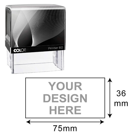 Colop Printer 60 self-inking stamp featuring a transparent structure with a monochrome wave design, size indicated for a custom design space of 36mm by 75mm.