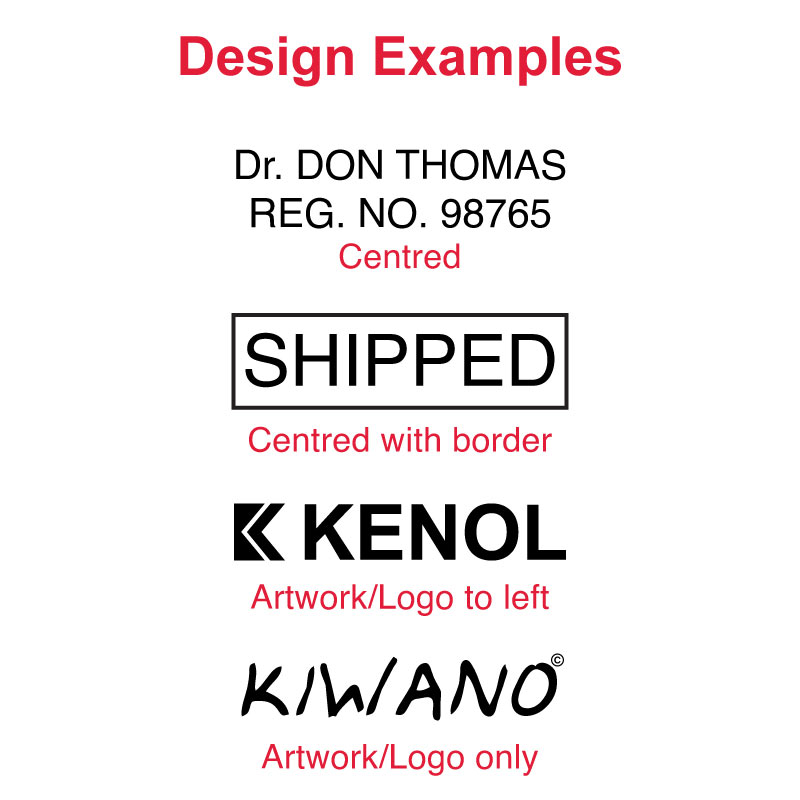 ExamSample designs for DF13 Pre-Inked Stamp including 'Dr. DON THOMAS REG. NO. 98765' centered, 'SHIPPED' with a bold border, and 'KIWANO' logo, illustrating the stamp's versatility for business and personal use.ples of customizable impressions with the DF1331 Pre-Inked Stamp - logo, and personalized designs