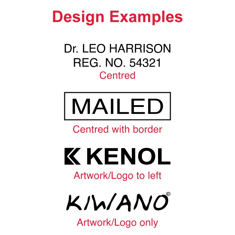 Sample designs for DF1340 Pre-Inked Stamp featuring 'Dr. LEO HARRISON REG. NO. 54321' and 'MAILED' with bold borders, plus 'KENOL' and 'KIWANO' logos, demonstrating the stamp’s flexibility for different business labeling needs.