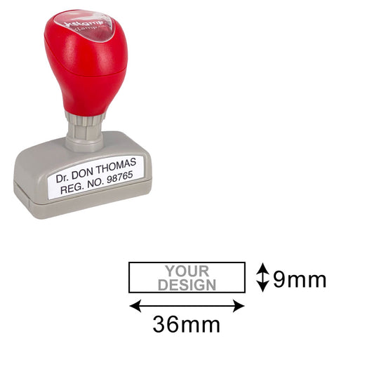 Red and grey DF1340 Pre-Inked Stamp with a rectangular imprint area of 9x36mm, displaying 'Dr. DON THOMAS REG. NO. 98765' on the base, ready for customized professional use.