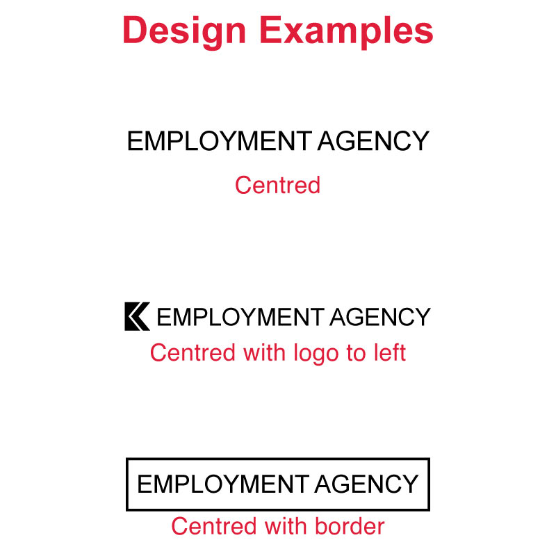 Sample imprints for DF1355 Pre-Inked Stamp with 'EMPLOYMENT AGENCY' text, one centered and another with a bold border, plus an employment agency logo to the left, showcasing the stamp's large imprint area for business purposes.