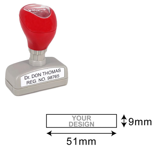 Red and grey DF1355 Pre-Inked Stamp with a 9x51mm imprint area, engraved with 'Dr. DON THOMAS REG. NO. 98765' on the base, ideal for creating large, noticeable imprints.