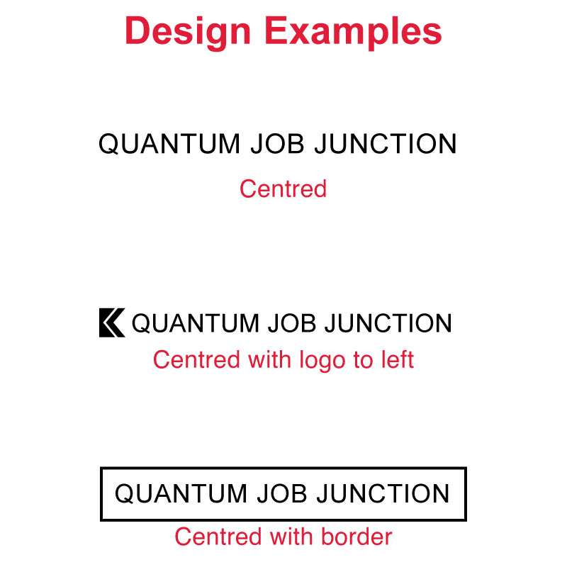 Sample imprints for DF1370 Pre-Inked Stamp featuring 'QUANTUM JOB JUNCTION' text in a central position, one with a logo to the left and another enclosed by a bold border, exemplifying the stamp's capacity for diverse professional uses.