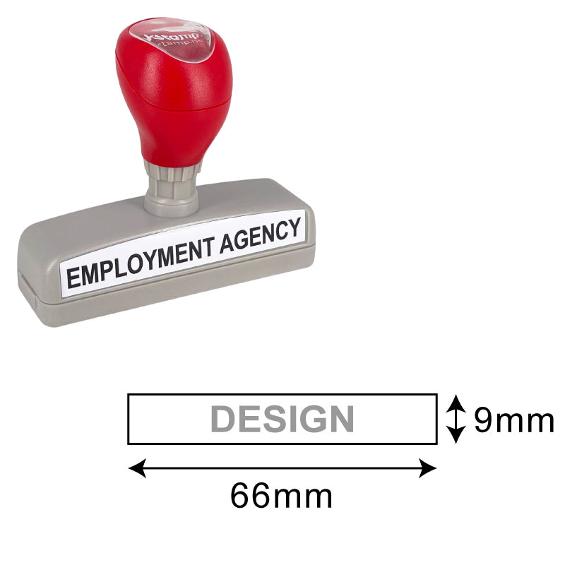 Red and grey DF1370 Pre-Inked Stamp with a substantial imprint area of 9x66mm, printed with 'EMPLOYMENT AGENCY' on the base, ready for large-scale professional stamping applications.