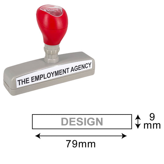 Red and grey DF1383 Pre-Inked Stamp with a large imprint area of 9x79mm, labeled with 'THE EMPLOYMENT AGENCY' on the base, suitable for broad and detailed stamping requirements.