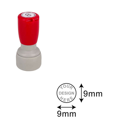 Compact DF13 Pre-Inked Stamp with a circular 9mm diameter imprint area, showcasing a red top and grey base, designed for creating precise, detailed impressions in small spaces.