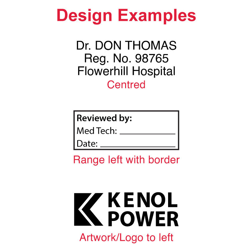 Example imprint design for the DF1743 Pre-Inked Stamp featuring 'Dr. DON THOMAS, Reg. No. 98765, Flowerhill Hospital' centered at the top, with fields for 'Reviewed by:', 'Med Tech:', and 'Date:' below, alongside the 'KENOL POWER' logo on the left with a bold black border.