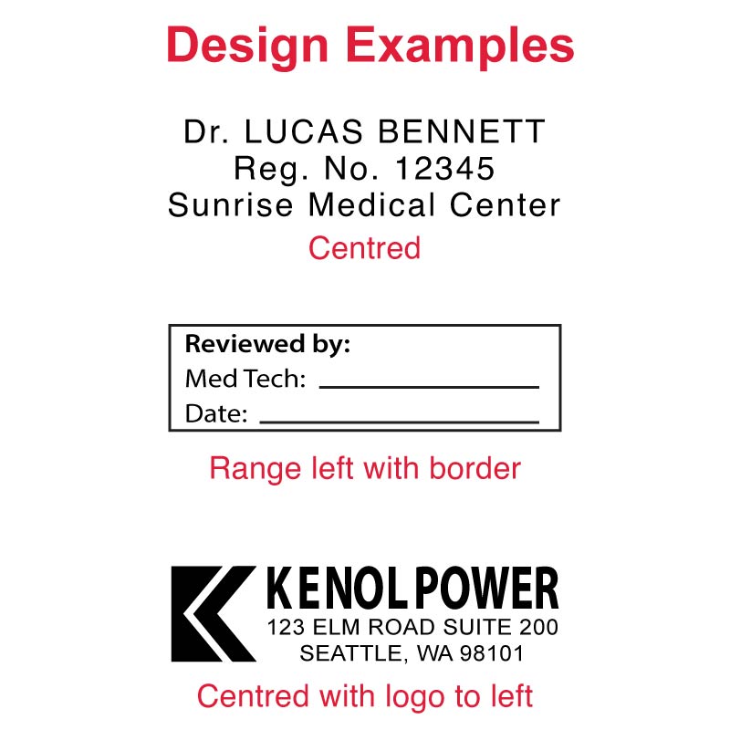 Sample imprint design for DF1755 Pre-Inked Stamp featuring 'Dr. LUCAS BENNETT, Reg. No. 12345, Sunrise Medical Center' with a structured layout for 'Reviewed by:', 'Med Tech:', and 'Date:' entries, and the 'KENOL POWER' logo to the left.