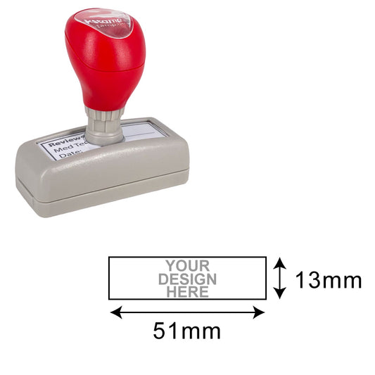 Red and grey DF1755 Pre-Inked Stamp with an imprint area of 13x51mm, showcasing a customizable design space for clarity in larger impression tasks, ideal for business and personal use.