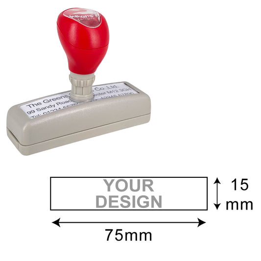 Red and grey DF1778 Pre-Inked Stamp with a print area of 13x74mm, showing a space for customization, ideal for creating clear, professional impressions on invoices and documents.