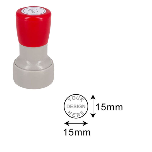Compact red and grey DF19 Pre-Inked Stamp with a circular imprint area of 15mm diameter, perfect for detailed logos and precise addressing, with a placeholder for personalized designs.