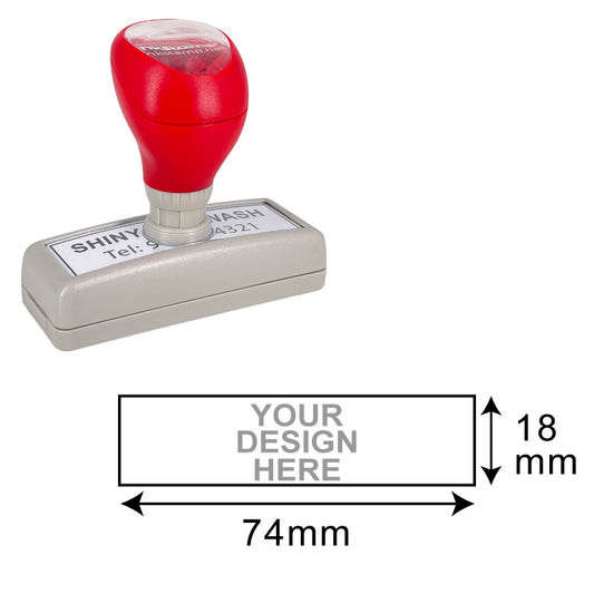 DF2255 Pre-Inked Stamp with a customizable design area of 18x51mm, showcasing a red ergonomic handle and grey base ready for personalized imprinting.