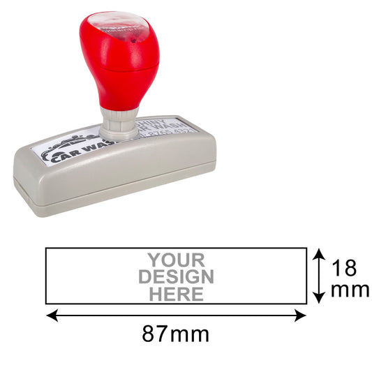 DF2291 Pre-Inked Stamp with red handle and customizable design area measuring 18x87mm for detailed imprints