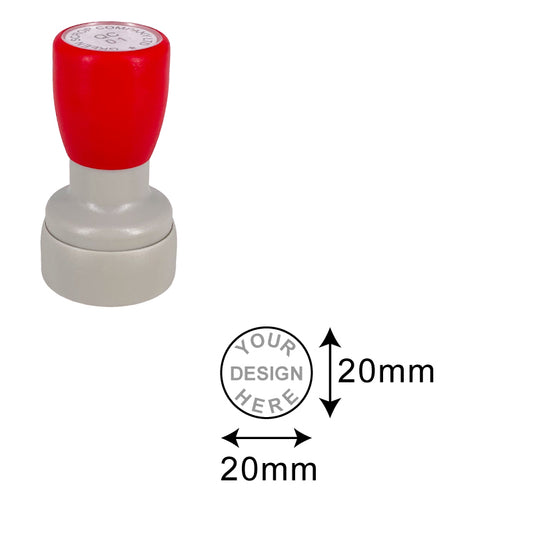 DF24 Pre-Inked Stamp with red cap and customizable 20mm circular imprint area for logos and personal designs