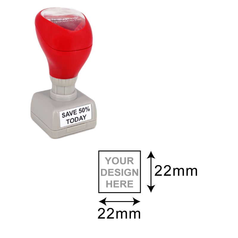 DF2626 Pre-Inked Stamp with red cap and promotional banner, customizable 22mm square imprint area