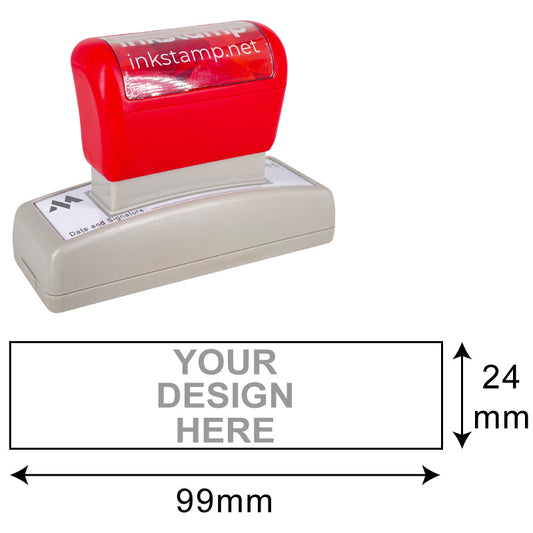 DF28103 Pre-Inked Stamp with red cap and a large customizable imprint area of 24x99mm for detailed business designs